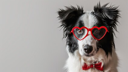 Funny portrait of puppy dog border collie wearing red heart shaped glasses isolated on grey background. Love and valentines day concept