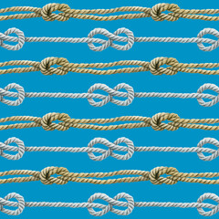 Seamless pattern of rope cords with knots eight knots. Hand drawn illustration. Nautical thread whipcord with loop and noose. Hand painted watercolor on blue background. Print, wrapping, crafting.