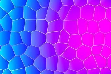 Fototapeta premium Abstract geometric Voronoi background with irregular polygonal shapes in neon colors gradient on blue and purple. Fine grain texture effect. Copy space