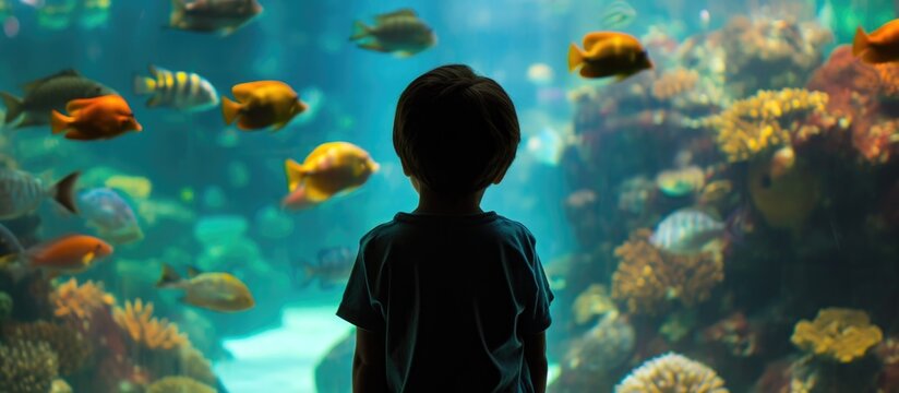 Boy watches fish in aquarium