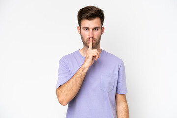 Young caucasian man isolated on white background showing a sign of silence gesture putting finger...