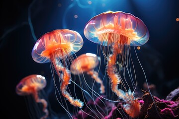Fototapeta premium A photo of beautiful yellow glowing jellyfishes in ocean with flowers or plants on bokeh or blur dark background Generative AI