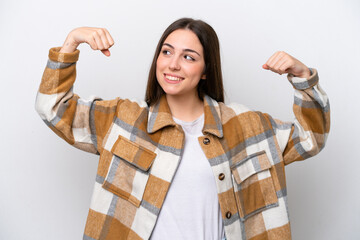 Young girl isolated on white background doing strong gesture