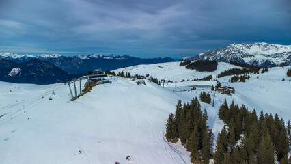 Skiwelt ski resort in Austrian alps, Brixen im Thale, aerial view, Austria