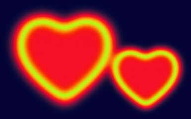 Background with grain texture effect. Two hearts on blurred heat map colors. Copy space