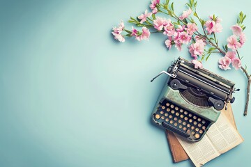 Vintage typewriter with blank paper on blue wooden table background. Sakura blossom branch with delicate pink flowers. Spring concept with copy space for text  - obrazy, fototapety, plakaty