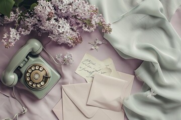 Flat lay composition with old rotary dial telephone, envelopes, lilac flowers, and silk scarf on lilac background. Top view. Pastel colors. Retro style. Vintage still life with copy space