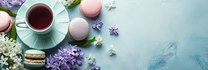 Obraz na płótnie Canvas Lilac flowers, cup of tea and tasty colorful french macarons on blue stone background. Cafe, menu, bakery and sweet concept. Springtime beauty