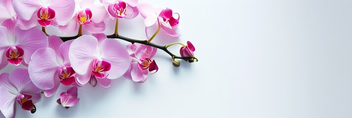 Pink orchid flowers on clear white background. Close up. Orchid branches with buds and flowers...