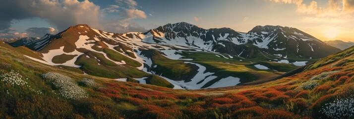 Huge mountain range with snow and wildflowers in valley. Alpine scenery concept with summer atmosphere. Springtime panoramic landscape of Caucasus mountains. Nature beauty, spring. Banner, header