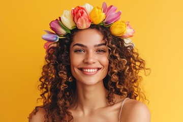 Portrait of a smiling young woman with a wreath of tulips, on simple yellow background. Springtime beauty concept with bright colors. Spring holidays, Easter celebration