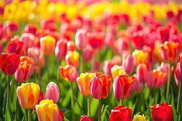 Fototapeta premium Field with red, pink, orange and purple flowers and green stems in bright sunlight. Beauty in nature. Close-up of many tulips in spring time. Springtime beauty, Easter holidays concept