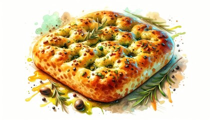 Vibrant watercolor painting of Focaccia bread, with dynamic brush strokes and warm tones on a white background.
