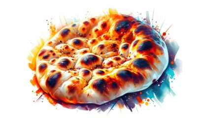 Vibrant watercolor painting of Naan bread, with dynamic brush strokes and warm tones on a white background.
 - obrazy, fototapety, plakaty