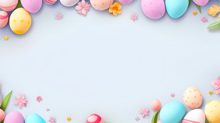 Fototapeta na wymiar copy space, no text, a vibrant Easter promo poster with Midjourney! Infuse the design with festive pastel colors, Easter eggs, and joyful elements. Include ample space for text to highlight exclusive 