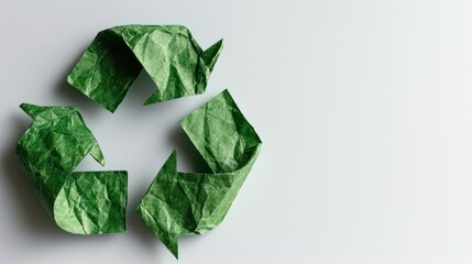 Recycling symbol from crumpled green paper on a white background