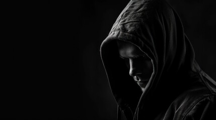 Visual representation of hacking and information protection through an image of a hooded man with a covered face against a black background.