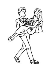 Happy bride and groom. A man carries a woman in his arms. Beautiful newlywed couple. Cartoon vector black and white illustration outline. Hand drawn sketch ink