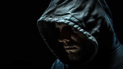 A hooded man with his face covered, set against a black background—illustrating the concepts of hacking and information protection