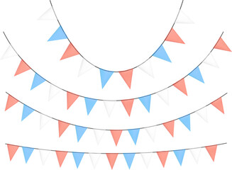 Fototapeta premium Red and blue bunting garlands with flags made of shredded pieces of fabric. Decorative multicolored party pennants for festival, party celebration.