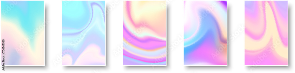 Wall mural set of colorful hologram paper card. abstract holographic wavy gradient mesh color backgrounds.