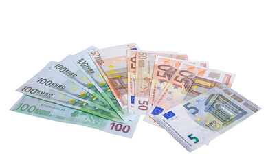Obraz na płótnie Canvas Euro banknotes, close-up, isolated on white background