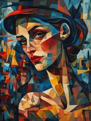 An abstract painting featuring a classic and elegant woman portrayed in a modern, geometric, contemporary, and cubism style. Ideal for wall art, printing design, and artistic posters