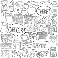 Grocery Doodle Icons Black and White Line Art. Supermarket Clipart Hand Drawn Symbol Design.