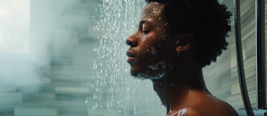 Young African-American man showers in modern bathroom, facing hot water jets, relaxed.