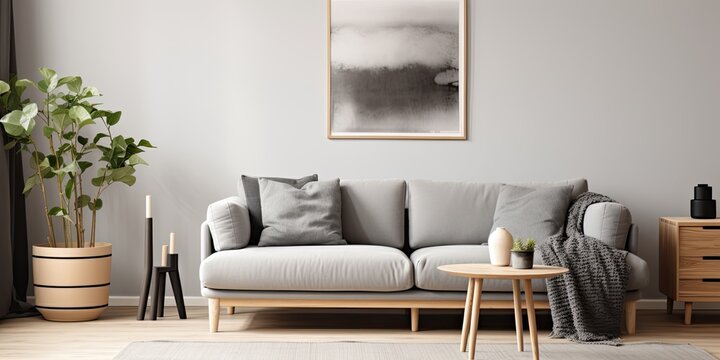 Stylish Scandinavian living room in a modern apartment, featuring a gray sofa, pillows, plants, wooden commode, black table, lamp, and abstract paintings on the wall.