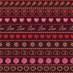 Valentines day seamless pattern with holiday objects and symbols, strings of beads. Geometric pattern with horizontal stripes on dark background. Vintage illustration for prints, wrap, wrapping paper