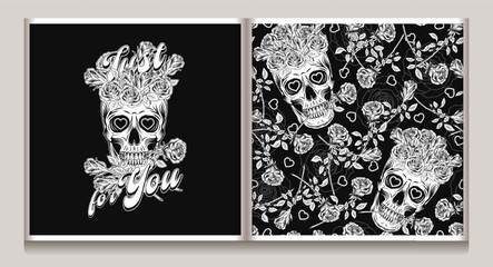 Monochrome pattern, label with skull like cup full of roses, scattered roses with stem. Gothic love illustration. For clothing, t shirt design, engagement event, Valentines Day, gift decoration.