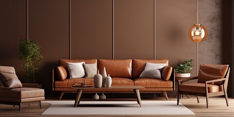 Stylish and elegant room with brown sofa, armchair, coffee tables, decoration and accessories. Warm home decor. Template.
