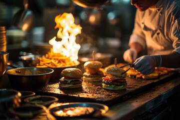 Process of cooking an order in kitchen of fast food restaurant. Chef prepares meat cutlet burgers....