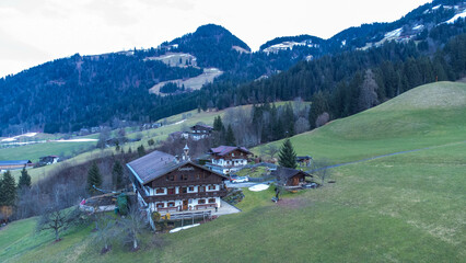 Fototapeta na wymiar Aerial view over small mountain town Itter in Austrian Alps
