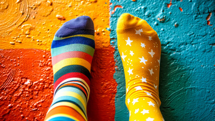 legs in two different colorful socks on a colorful floor - obrazy, fototapety, plakaty