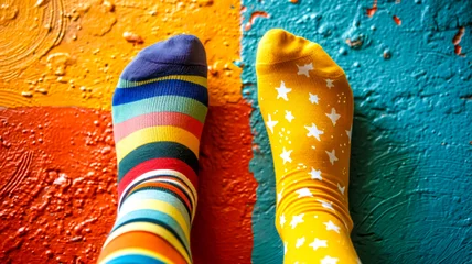  legs in two different colorful socks on a colorful floor © Design Resources