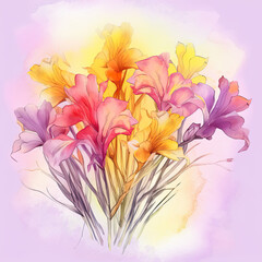 A radiant bouquet of spring flowers, beautiful bouquet watercolor illustration