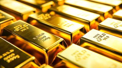 Stacked gold bars, financial and business banking concepts. World economics and currency exchange, money trade, and safe investment marketplace