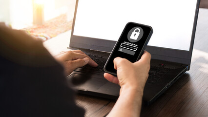 cybersecurity concept, user privacy security and encryption, secure internet access Future technology and cybernetics, screen padlock.
hand and phone with icon safety lock on network data.