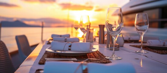 Luxury yacht table setting at sunset. - obrazy, fototapety, plakaty