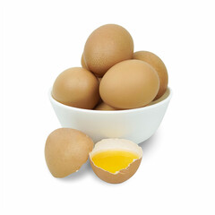 Chicken eggs in white bowl isolated on white background