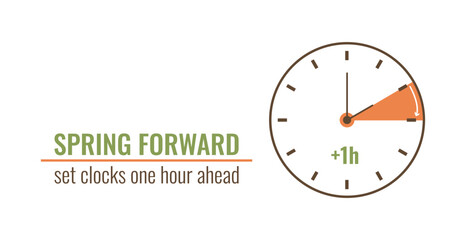 Spring Daylight Saving Time begins banner. Springtime Forward concept in flat style. Set clocks one hour Ahead in March. Hand of alarm turning to Summertime