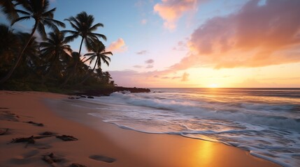 Fototapeta na wymiar Sunset over the beach and palm trees