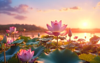 Lotus flowers in a pond during golden hour