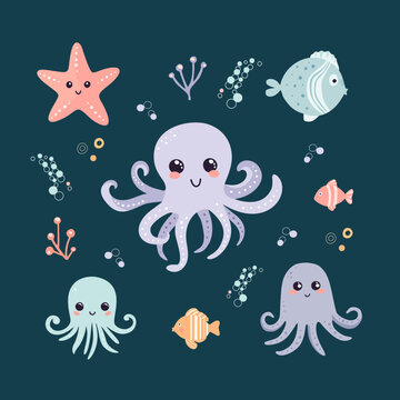 Set of clip art with cute sea inhabitants, starfish, octopus, fish on a white background. Awesome characters for children's textiles, clothing, cards and wallpaper.