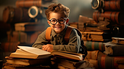 nerdy child among library books