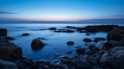 Sunset on the rocky beach during blue hour
