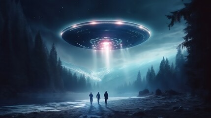 Mysterious aliens creatures standing in front of unidentified flying object ufo on the planet earth - obrazy, fototapety, plakaty
