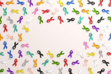 Obraz premium World Cancer Day banner design with colorful ribbons for different types of cancer on a background and copy space in 3D illustration